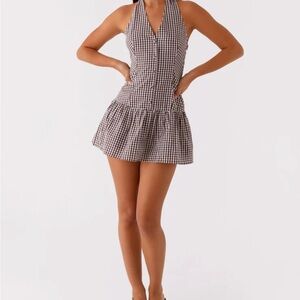 Peppermayo New Look Shirred Halter Mini Dress.  Chocolate Gingham.  US 2.
